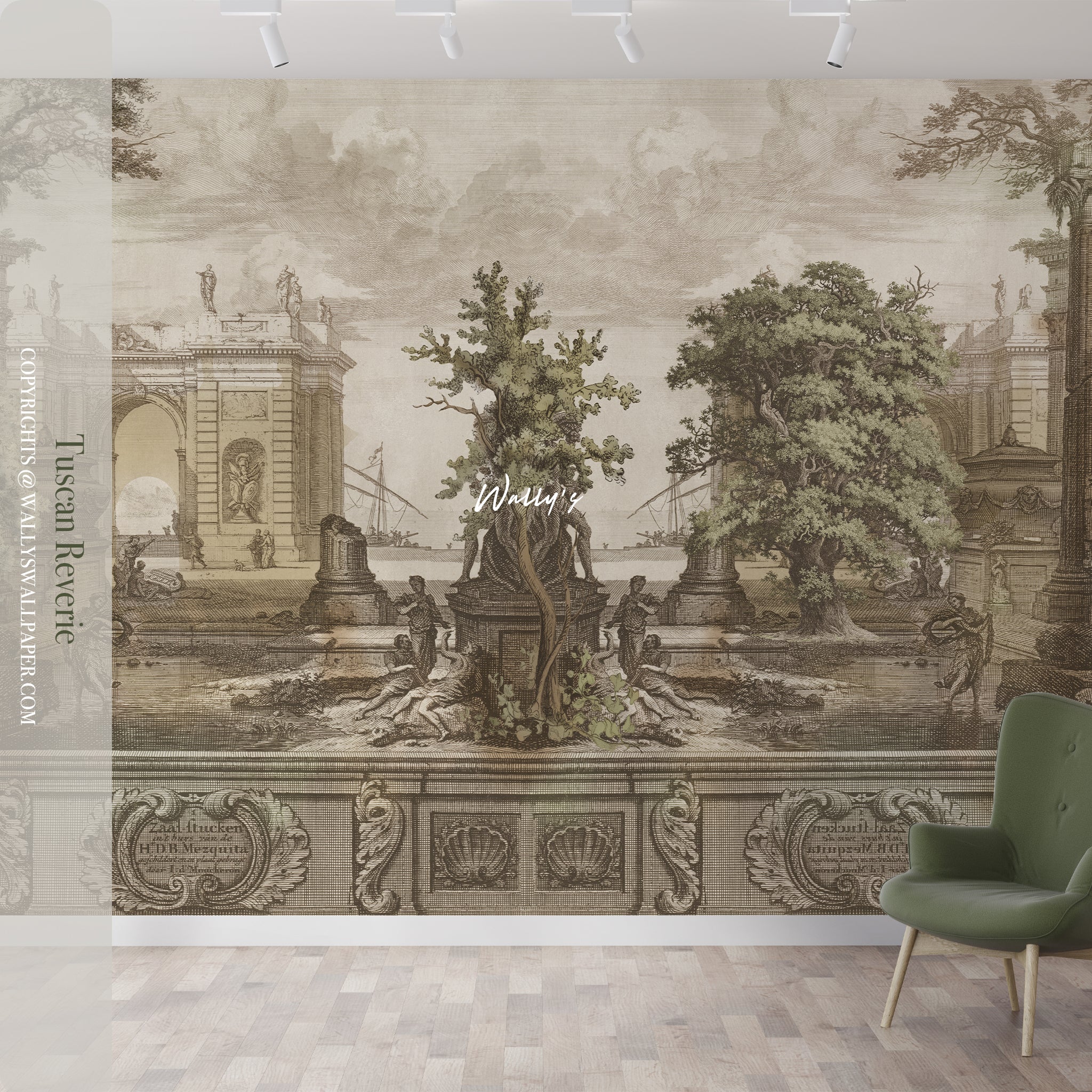 Italian vintage wall mural "Tuscan Reverie" featuring a nostalgic Tuscan landscape with rustic villas, golden fields, and soft pastel hues, perfect for elegant and timeless interior design.