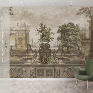 Italian vintage wall mural "Tuscan Reverie" featuring a nostalgic Tuscan landscape with rustic villas, golden fields, and soft pastel hues, perfect for elegant and timeless interior design.