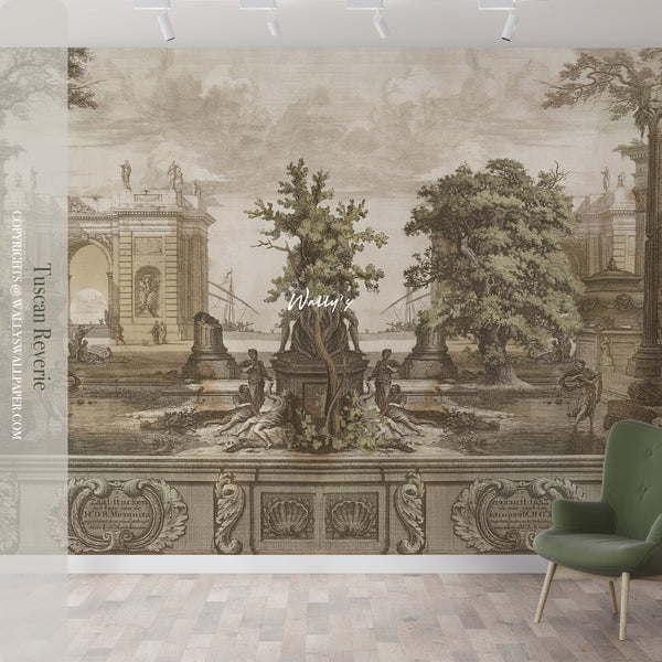 Italian vintage wall mural "Tuscan Reverie" featuring a nostalgic Tuscan landscape with rustic villas, golden fields, and soft pastel hues, perfect for elegant and timeless interior design.