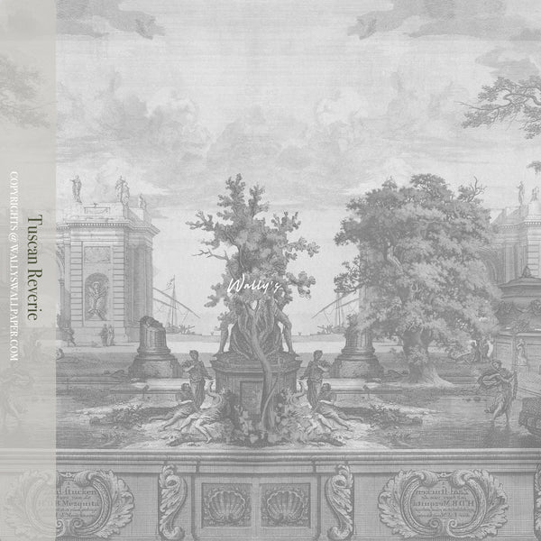 Italian vintage wall mural "Tuscan Reverie" featuring a nostalgic Tuscan landscape with rustic villas, golden fields, and soft pastel hues, perfect for elegant and timeless interior design.