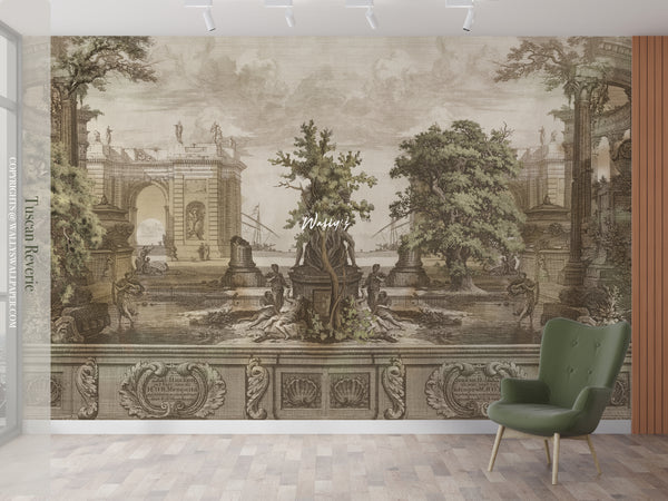 Italian vintage wall mural "Tuscan Reverie" featuring a nostalgic Tuscan landscape with rustic villas, golden fields, and soft pastel hues, perfect for elegant and timeless interior design.