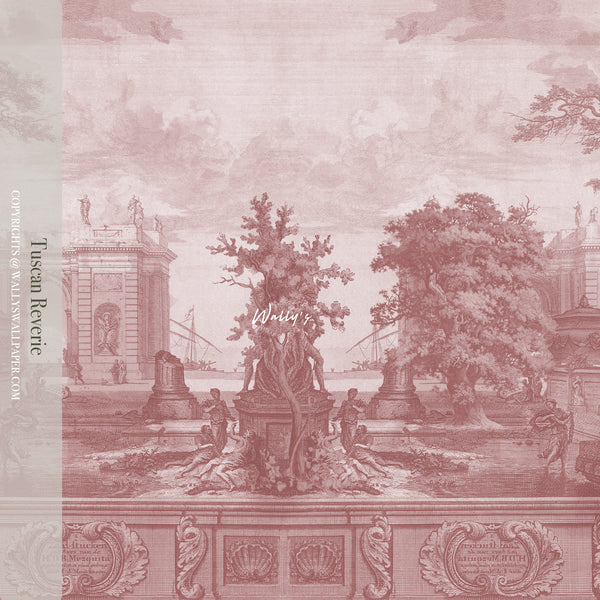 Italian vintage wall mural "Tuscan Reverie" featuring a nostalgic Tuscan landscape with rustic villas, golden fields, and soft pastel hues, perfect for elegant and timeless interior design.
