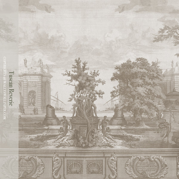 Italian vintage wall mural "Tuscan Reverie" featuring a nostalgic Tuscan landscape with rustic villas, golden fields, and soft pastel hues, perfect for elegant and timeless interior design.