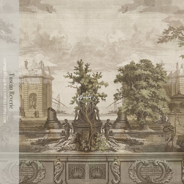 Italian vintage wall mural "Tuscan Reverie" featuring a nostalgic Tuscan landscape with rustic villas, golden fields, and soft pastel hues, perfect for elegant and timeless interior design.