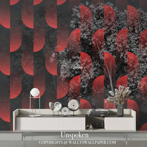 Abstract burnt orange wallpaper with black and grey tree illustration and layered geometric patterns from Wally’s “Between Us” collection.