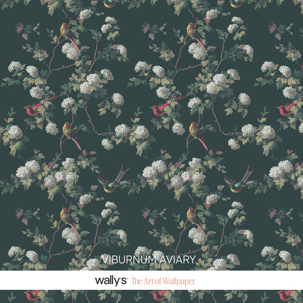 Close-up: white berry clusters, green branches and small birds on dark green background.