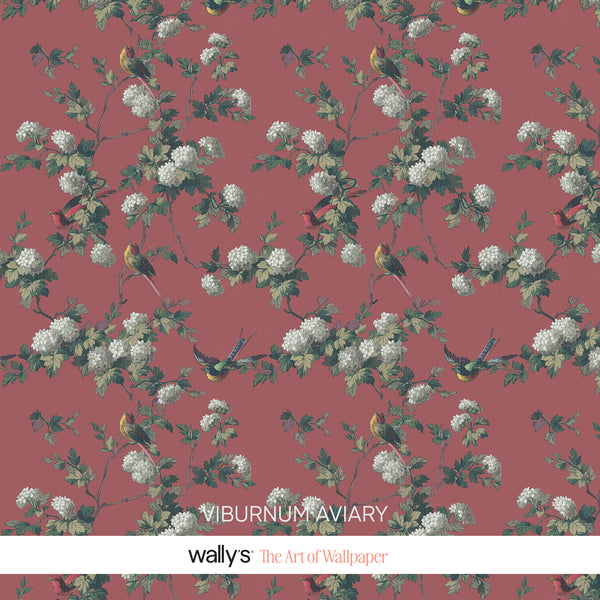 Close-up: white berry clusters and small birds on dusty-rose background.