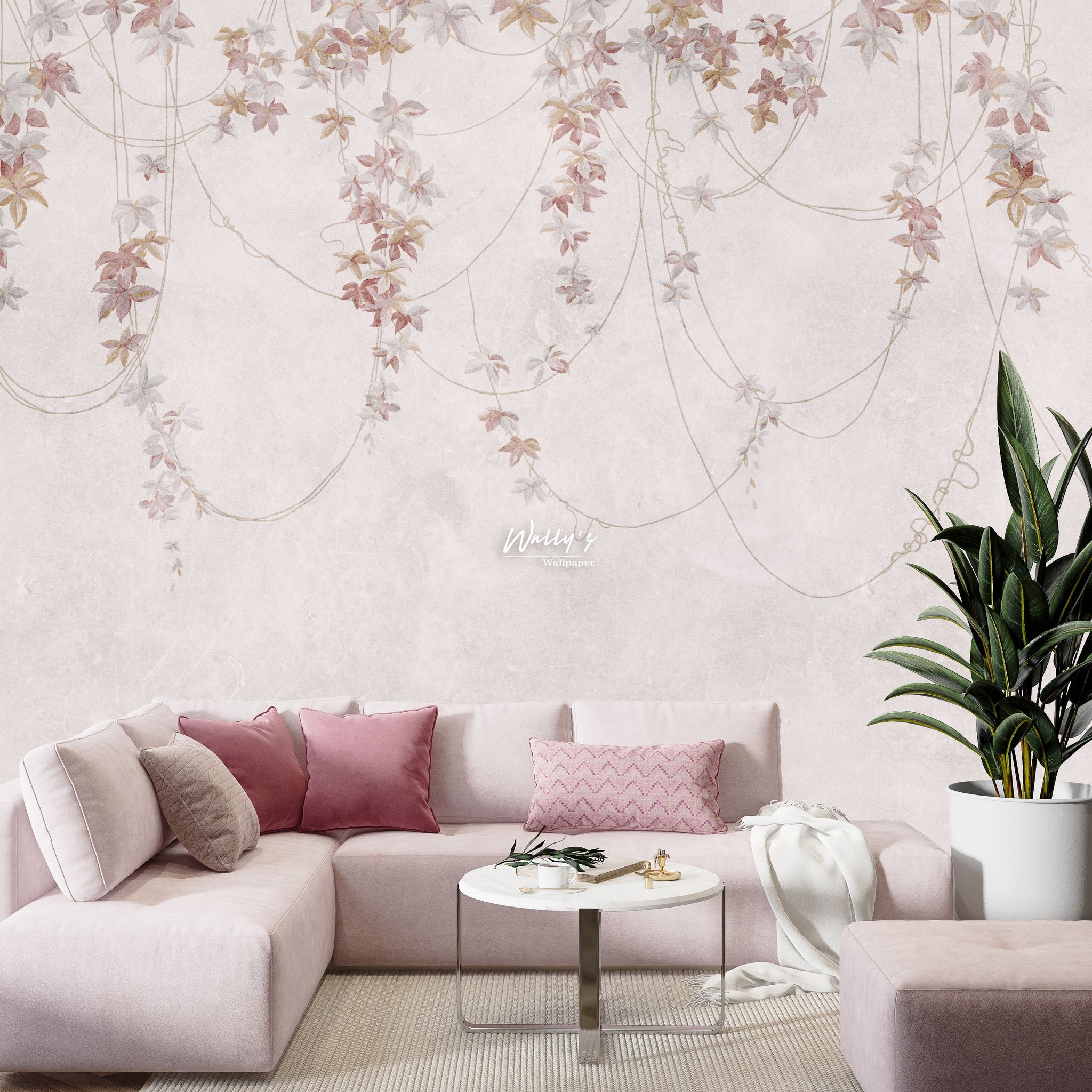 Maple leaves on blush background wallpaper  in front of pink sofa ,Modern wallpaper, custom wall wallcovering ,best wallpaper in Egypt , Saudia Arabia, Middle East 