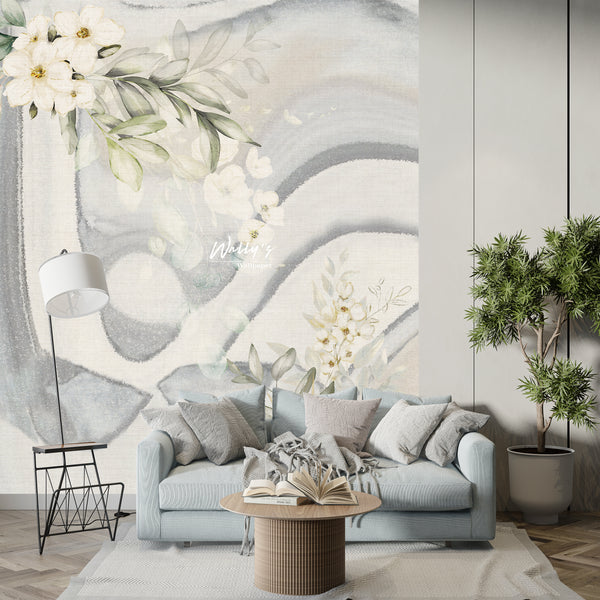 Wallpaper Design of some white flowers and green leaves in pastel colors with abstract  texture in front of white sofa , best wallpaper quality in Egypt , wall mural in Middle East , Custom wallpaper in Saudia Arabia 