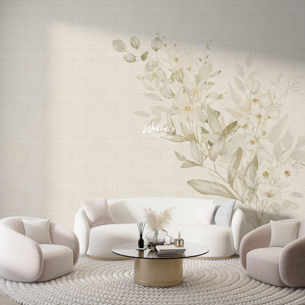 Wallpaper Design of some white flowers and green leaves in pastel colors with Linen texture in front of white sofa , best wallpaper quality in Egypt , wall mural in Middle East , Custom wallpaper in Saudia Arabia 