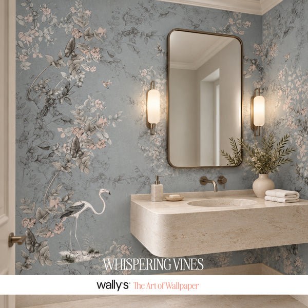 Whispering Vines Blue grey botanical wallpaper in a guest bathroom 