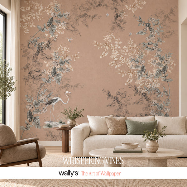 Whispering Vines peach botanical wallpaper behind an ivory sofa, with climbing flowers, birds and a travertine coffee table.