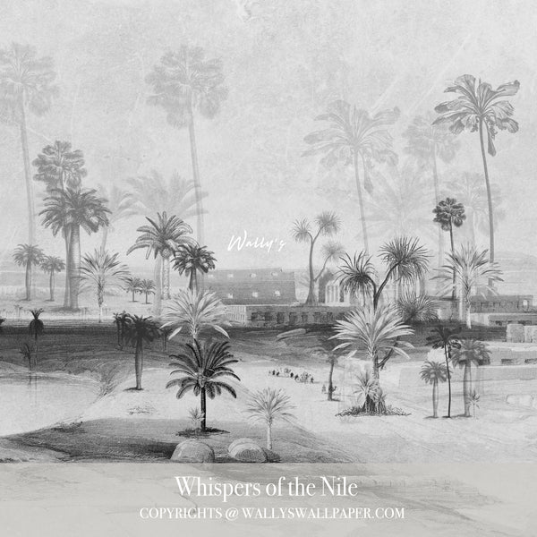 Sepia-toned Egyptian landscape wallpaper featuring palm trees and the Nile in a soft black and white vintage style – Whispers of the Nile by Wally’s Wallpaper.