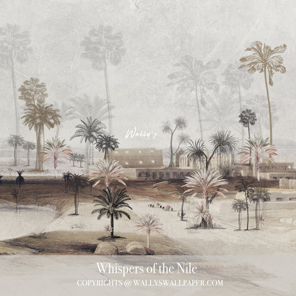 Sepia-toned Egyptian landscape wallpaper featuring palm trees and the Nile in a soft black and white vintage style – Whispers of the Nile by Wally’s Wallpaper.