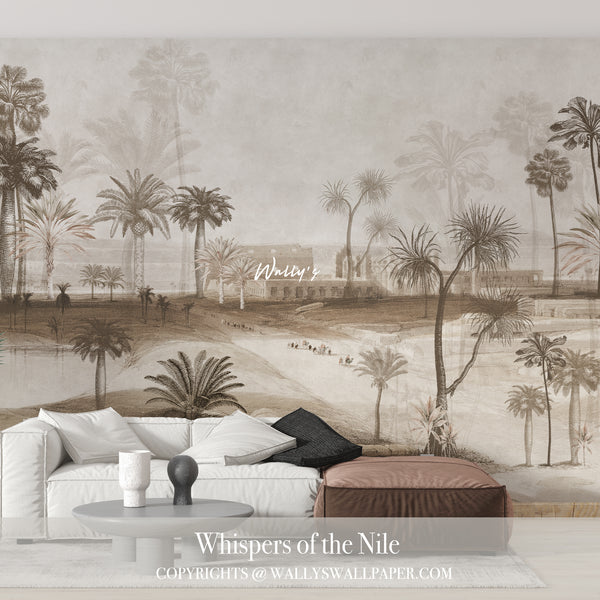Sepia-toned Egyptian landscape wallpaper featuring palm trees and the Nile in a soft black and white vintage style – Whispers of the Nile by Wally’s Wallpaper.