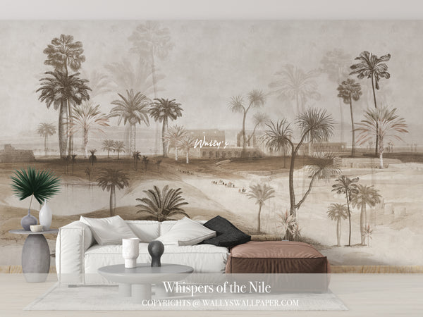 Sepia-toned Egyptian landscape wallpaper featuring palm trees and the Nile in a soft black and white vintage style – Whispers of the Nile by Wally’s Wallpaper.