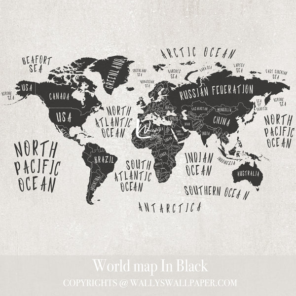 wallpaper of world map in black and white , perfect for interior design , best wallpaper quality in Egypt 