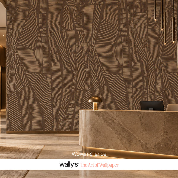 A modern reception desk in a lobby with a large wall covered in brown and beige wavy, hand-drawn line pattern wallpaper. The text 'Woven Silence' and 'wally's the Art of Wallpaper' is displayed at the bottom.