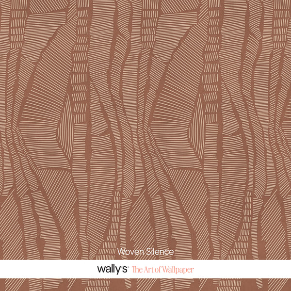 A close-up of wallpaper pattern labeled 'Woven Silence' with a terracotta brown background and light beige linear leaf-like motifs. A white band at the bottom reads 'wally's the Art of Wallpaper'.