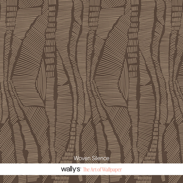 Brown and beige wallpaper pattern with an abstract, hand-drawn leaf-like line design, featuring a white banner at the bottom with the text 'Woven Silence', 'wally's', and 'the Art of Wallpaper'.