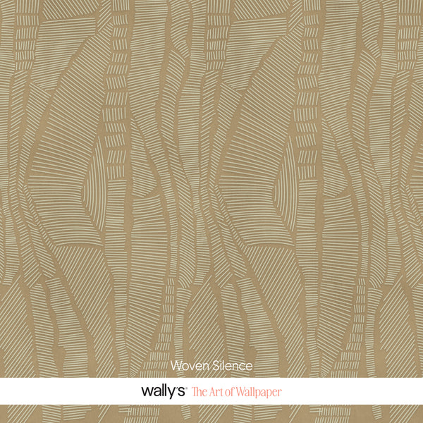 A square wallpaper sample titled 'Woven Silence' by wally's, featuring a repeating abstract pattern of vertical lines drawn in parallel strokes in warm beige and tan tones, with a white band at the bottom containing the brand text.