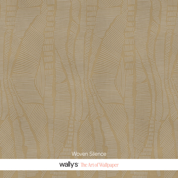 A close-up of wallpaper with a warm beige and tan abstract woven pattern, with the text 'Woven Silence' and 'wally's the Art of Wallpaper' at the bottom.