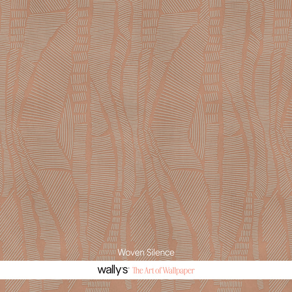 A close-up of wallpaper with a warm peachy-tan background and a repeating abstract line pattern in a lighter beige tone. A white band at the bottom reads 'Woven Silence' and 'wally's the Art of Wallpaper'.