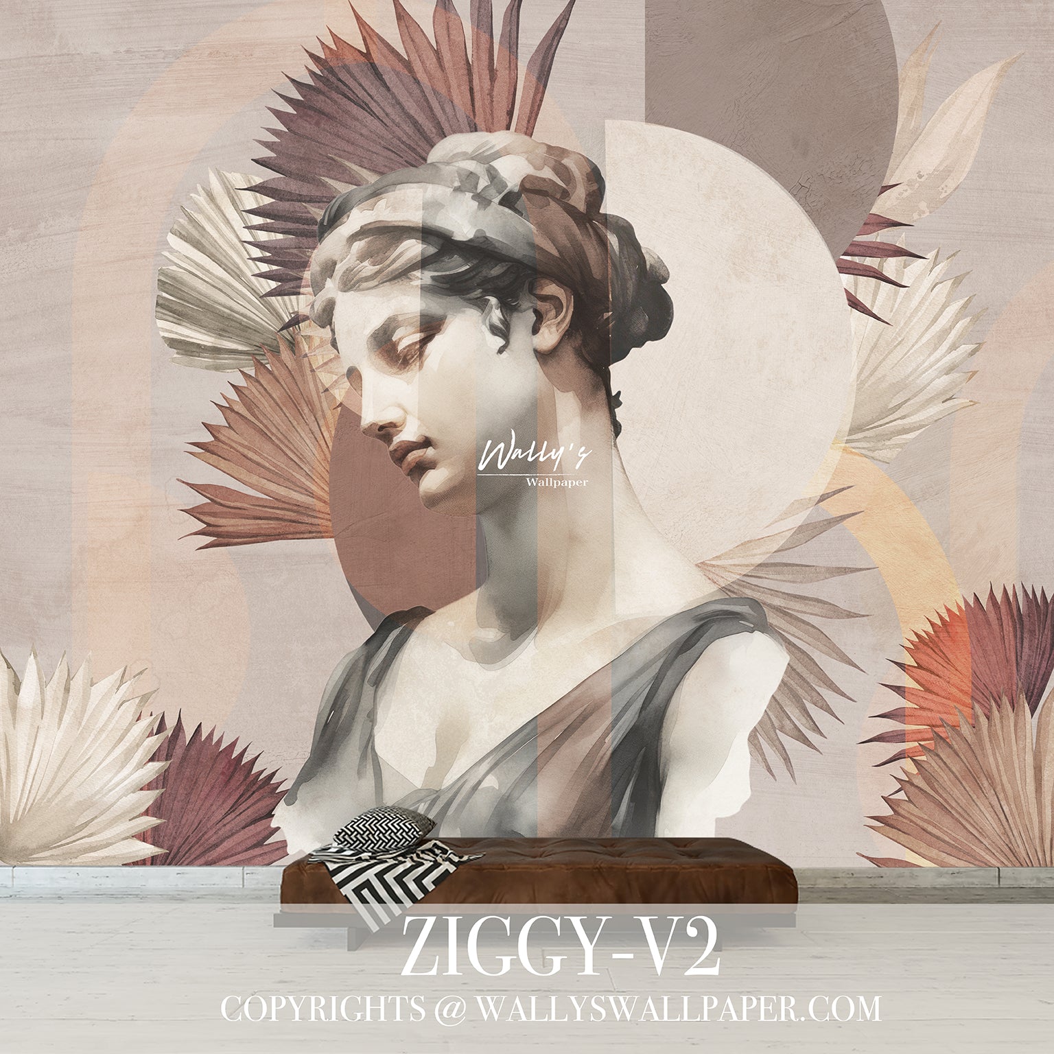 wallpaper in Grege and beige of a roman girl with oasis leaves in an interior living room 