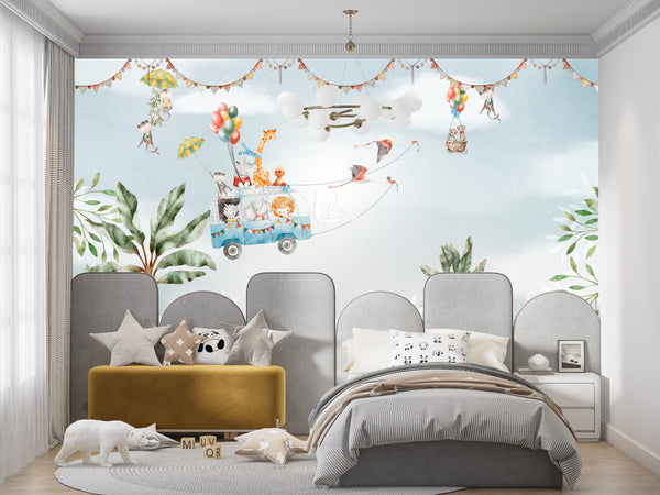wallpaper of cute animals, in a flying bus, with some crane birds , Elephant,girafe,monkies with umberalls ,zebra, hippo, some trees and decor, modern wallpaper  in a blue sky and clouds for kids rooms in front go a bed Custom wallcovering 