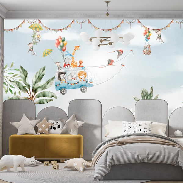 wallpaper of cute animals, in a flying bus, with some crane birds , Elephant,girafe,monkies with umberalls ,zebra, hippo, some trees and decor, modern wallpaper  in a blue sky and clouds for kids rooms in front go a bed Custom wallcovering 