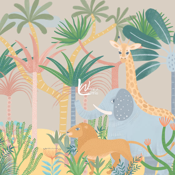 Kids wallpaper with Greenland yellow trees , Giraffe, Elephant, lion with a Beige background suitable for nursery rooms , modern wallpaper, made in Egypt, best wallpaper quality in Middle East 