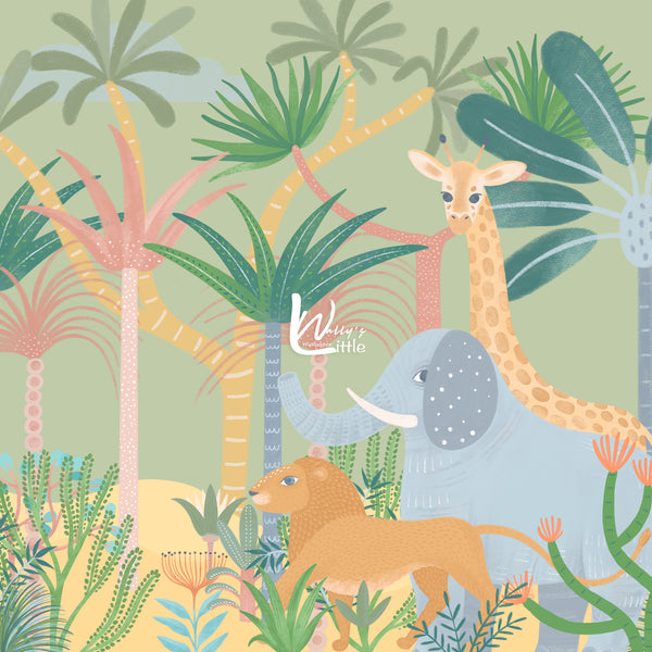 Kids wallpaper with Greenland yellow trees , Giraffe, Elephant, lion with a green background suitable for nursery rooms , modern wallpaper, made in Egypt, best wallpaper quality in Middle East 