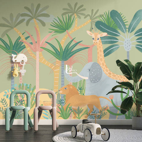 Kids wallpaper with Greenland yellow trees , Giraffe, Elephant, lion with a green background suitable for nursery rooms , modern wallpaper, made in Egypt, best wallpaper quality in Middle East 