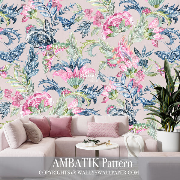Pink Lshape sofa with wallpaper of pattern am batik Flowers in pink and blue and green , Butterflies , perfect wallpaper, custom wallpaper, best wallpaper in Egypt, wall covering Dubai , Saudia Arabia 