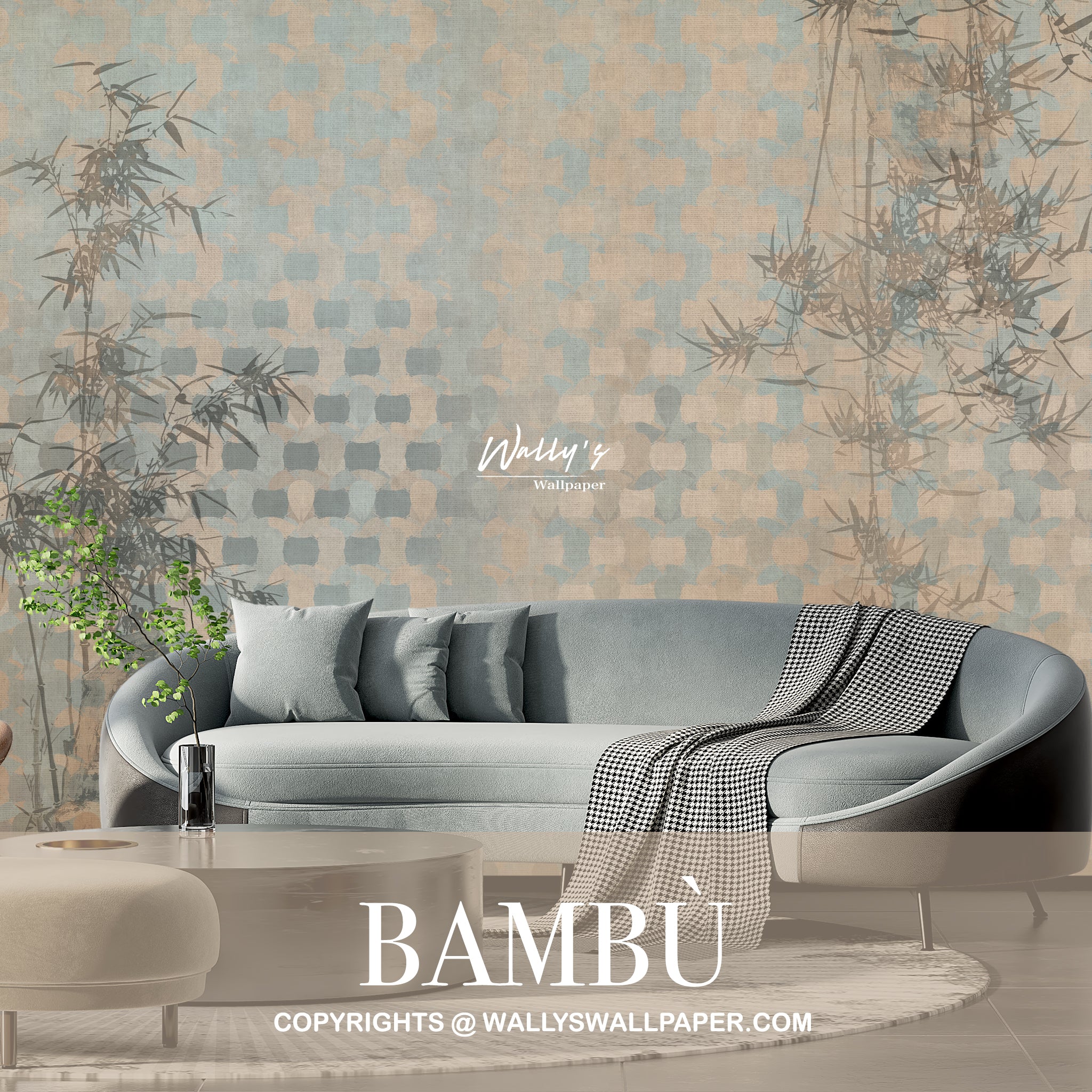 A living room with a premium quality sofa and a wall adorned with the word bambu, featuring the best wallpaper in Saudi Arabia and the middle east.