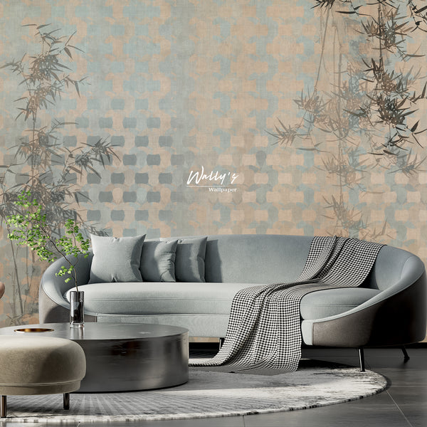A living room with a premium quality sofa and a wall adorned with the word bambu, featuring the best wallpaper in Saudi Arabia and the middle east.