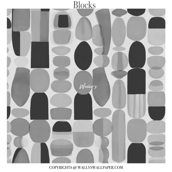 Abstract geometric wallpaper with grey organic block shapes in warm earthy tones styled in modern living room interior