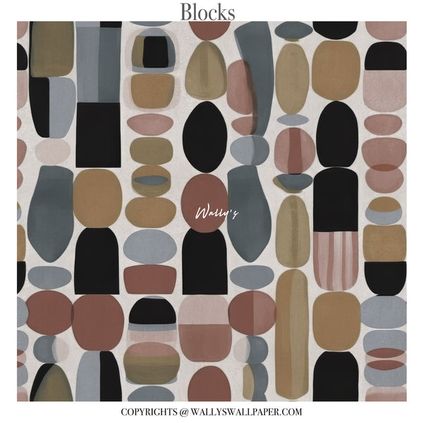 Abstract geometric wallpaper with pale  colorful organic block shapes in warm earthy tones styled in modern living room interior