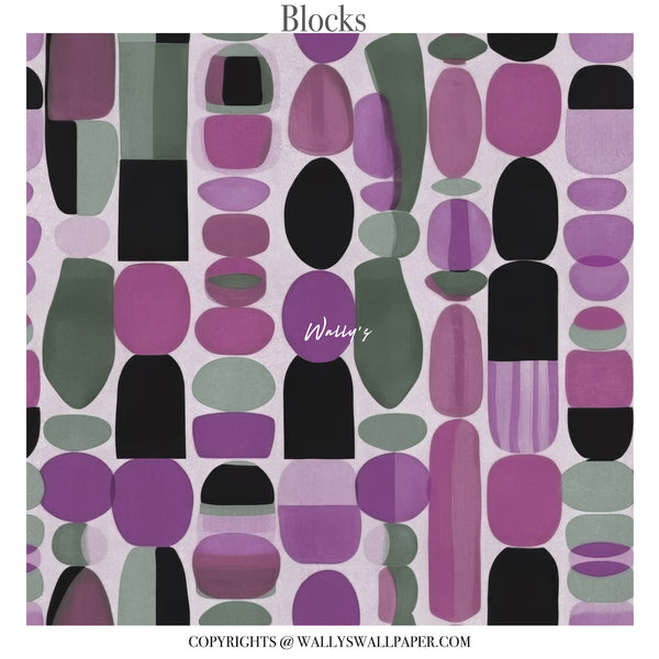 Abstract geometric wallpaper with colorful organic block shapes in warm earthy tones styled in modern living room interior