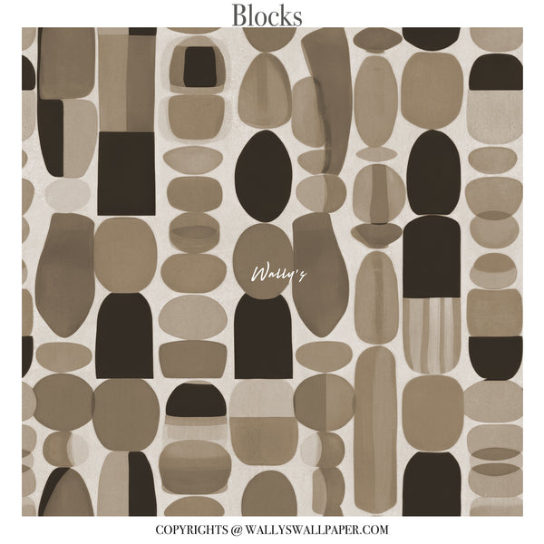 Abstract geometric wallpaper with colorful organic block shapes in warm earthy tones styled in modern living room interior