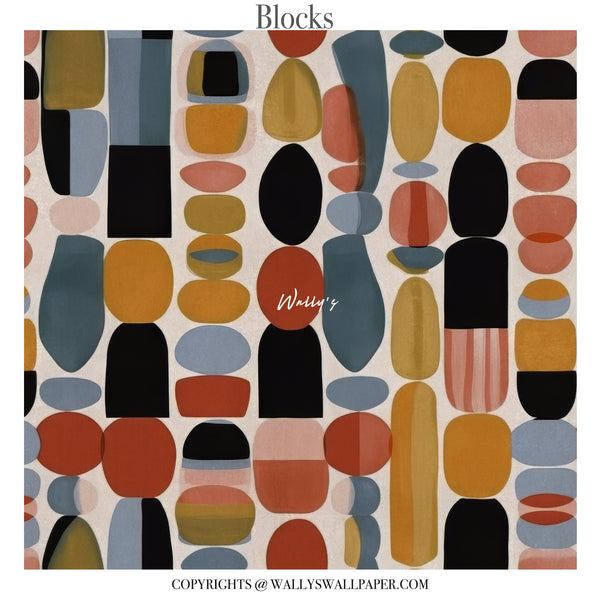 Abstract geometric wallpaper with colorful organic block shapes in warm earthy tones styled in modern living room interior

