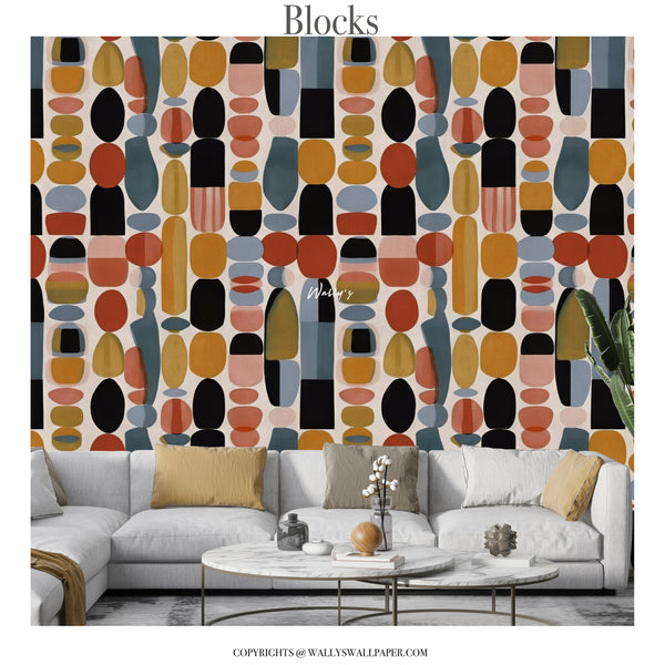 Abstract geometric wallpaper with colorful organic block shapes in warm earthy tones styled in modern living room interior

If you upload additional angles, you can also use:

Modern mid-century inspired geometric wallpaper mural behind neutral sofa

Colorful abstract block pattern wallpaper in contemporary interior setting

Statement wall mural with organic shapes in mustard, terracotta, blue, and blush