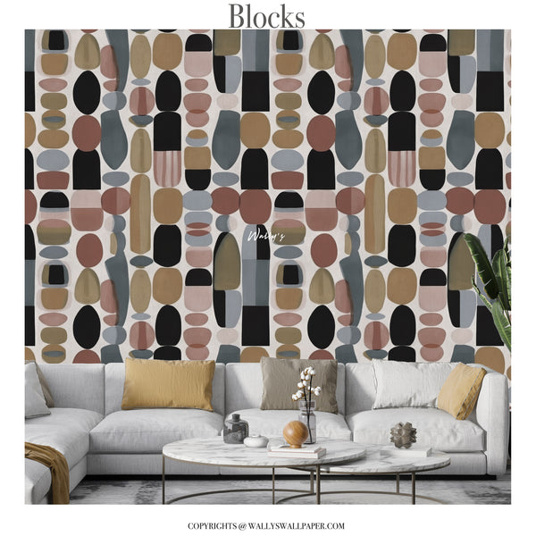 Abstract geometric wallpaper with colorful organic block shapes in warm earthy tones styled in modern living room interior

If you upload additional angles, you can also use:

Modern mid-century inspired geometric wallpaper mural behind neutral sofa

Colorful abstract block pattern wallpaper in contemporary interior setting

Statement wall mural with organic shapes in mustard, terracotta, blue, and blush