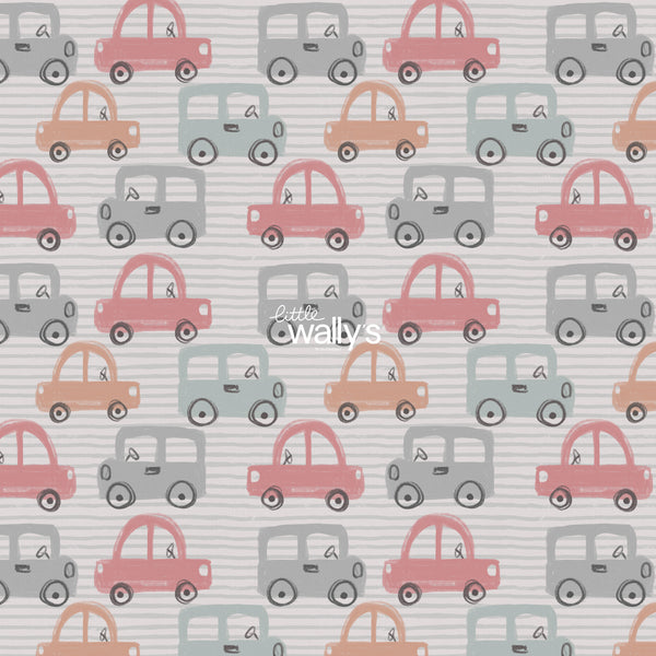A repeating pattern of small hand-drawn cars in pink, peach, gray, and mint on a light gray striped background, with a visible 'Little Wally's' watermark across the center.