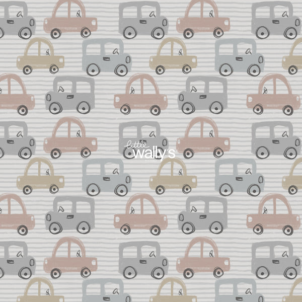 Tiny Traffic kids car wallpaper by Little Wally’s featuring hand-drawn orange, blue, mustard and grey cars in a modern children’s bedroom