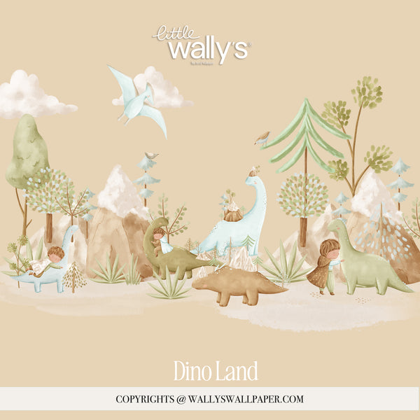 lose-up of Dino Land watercolor dinosaur wallpaper with soft green foliage and warm beige botanical details.