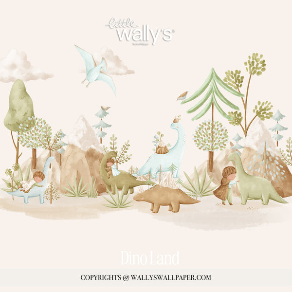 lose-up of Dino Land watercolor dinosaur wallpaper with soft green foliage and warm beige botanical details.