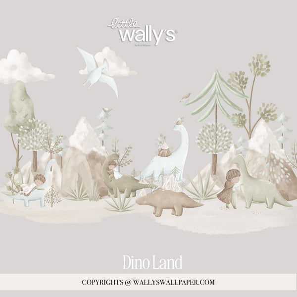 lose-up of Dino Land watercolor dinosaur wallpaper with soft green foliage and warm beige botanical details.