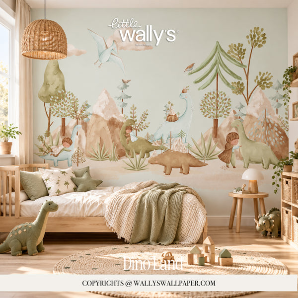 Dino Land kids wallpaper featuring pastel watercolor dinosaurs, mountains, trees and playful children on a beige background.