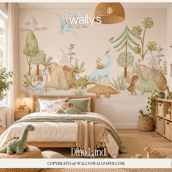 Dino Land dinosaur wallpaper mural in a neutral kids bedroom with natural wood furniture by Wally's Wallpaper.